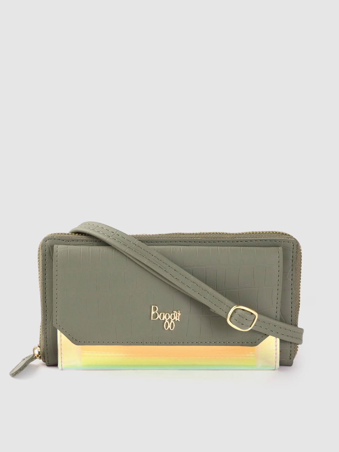 

Baggit Women Olive Green Croc Textured Zip Around Wallet with Sling Strap