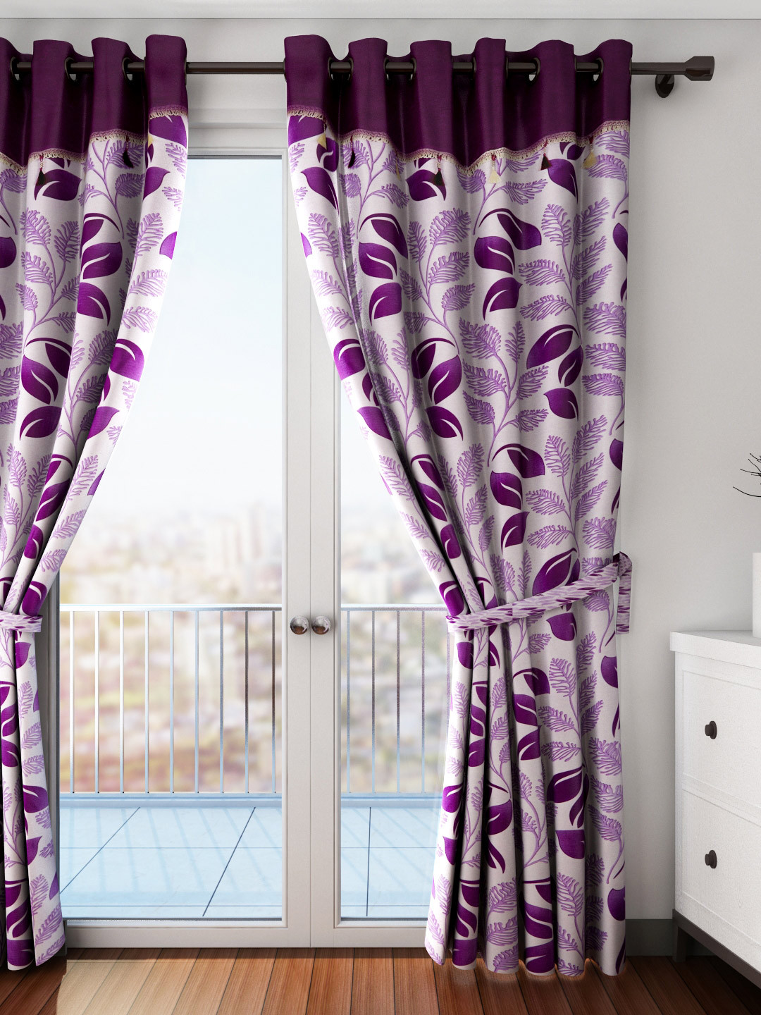 

Cortina Purple Single Leaf Print Long Door Curtain