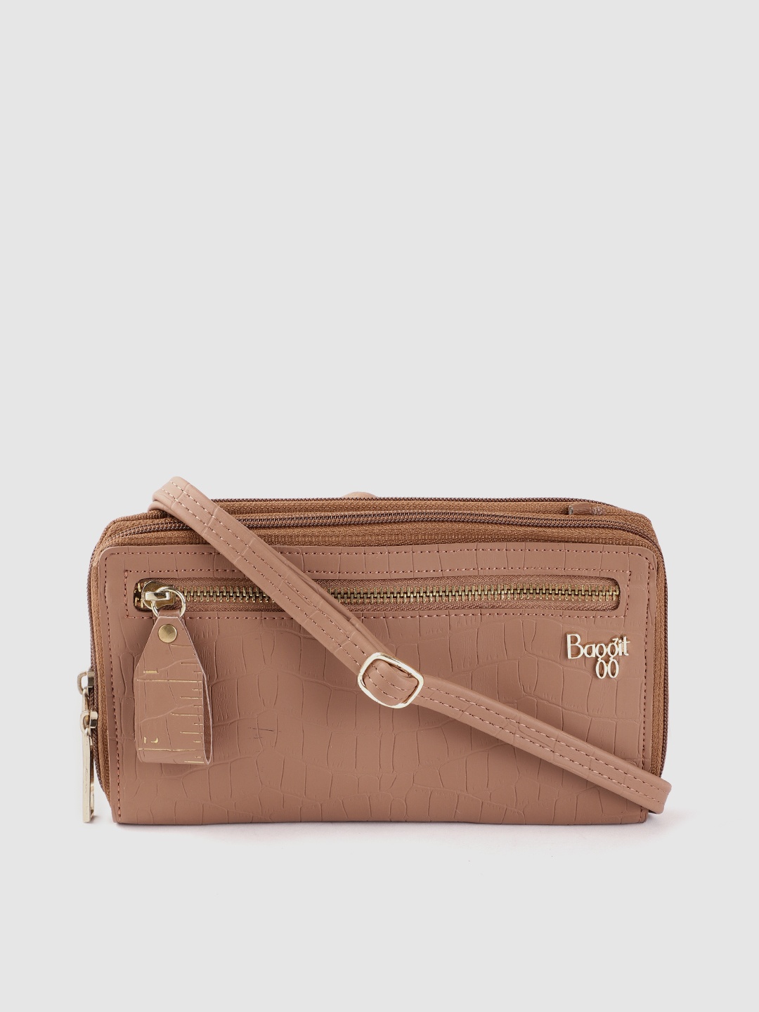 

Baggit Women Brown Croc Textured Zip Around Wallet with Sling Strap