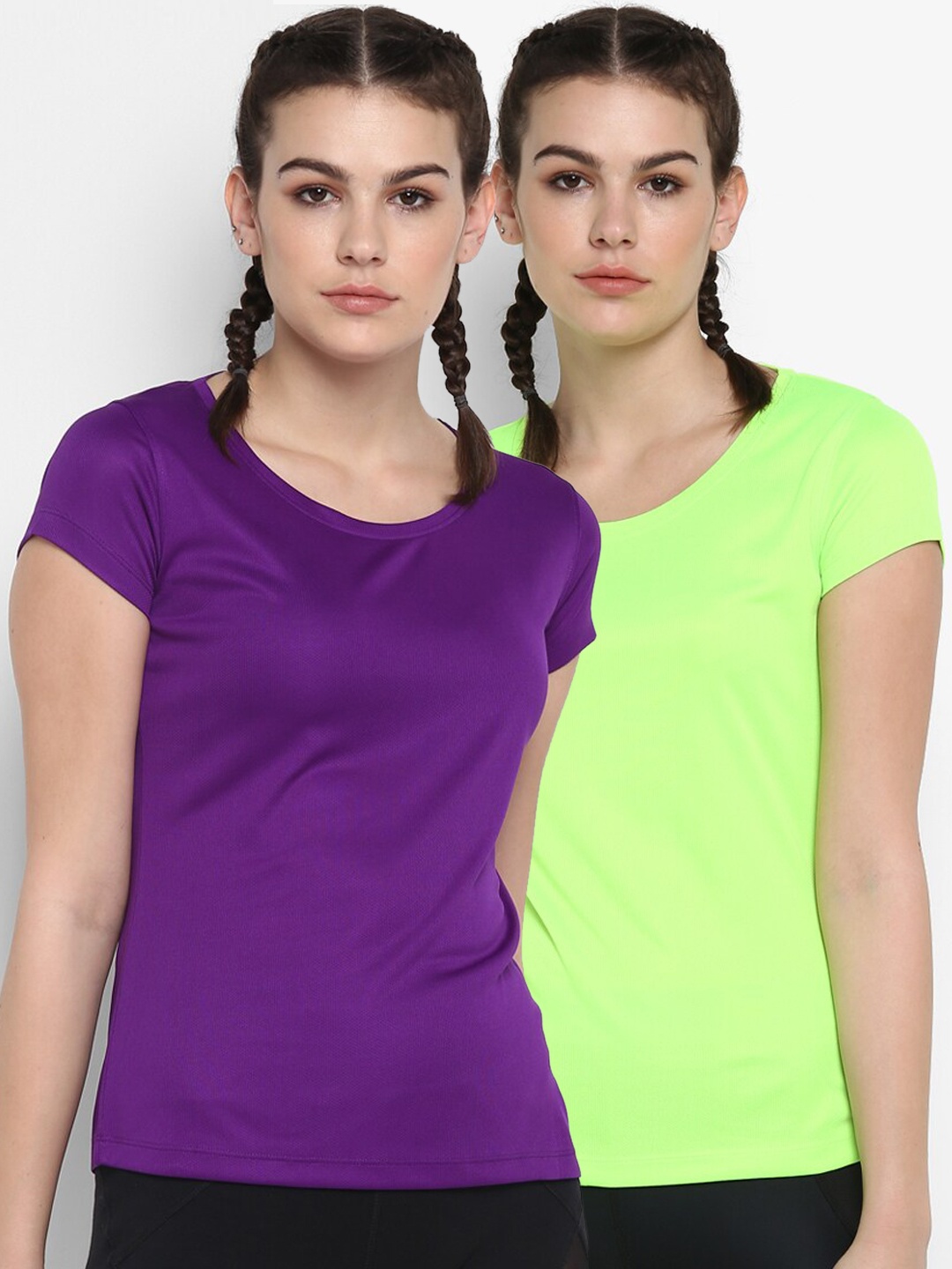 

ScoldMe Women Purple & Fluorescent Green 2 Slim Fit T-shirt