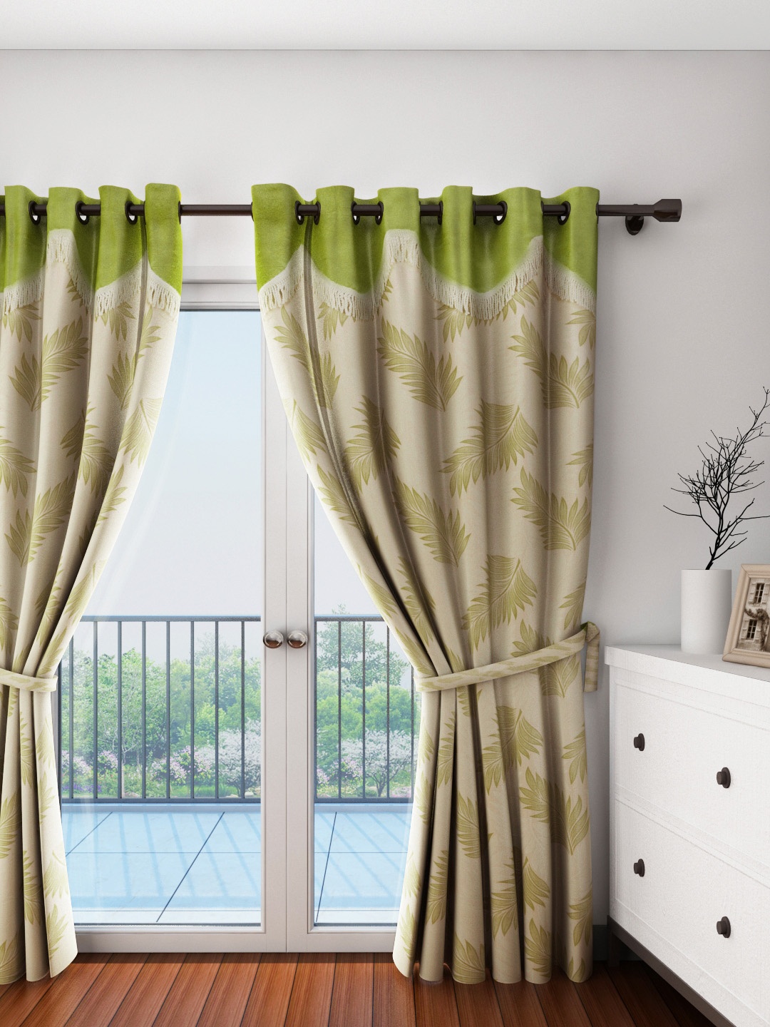 

Cortina Beige & Green Single Fancy Valance Leaf Printed Door Curtain