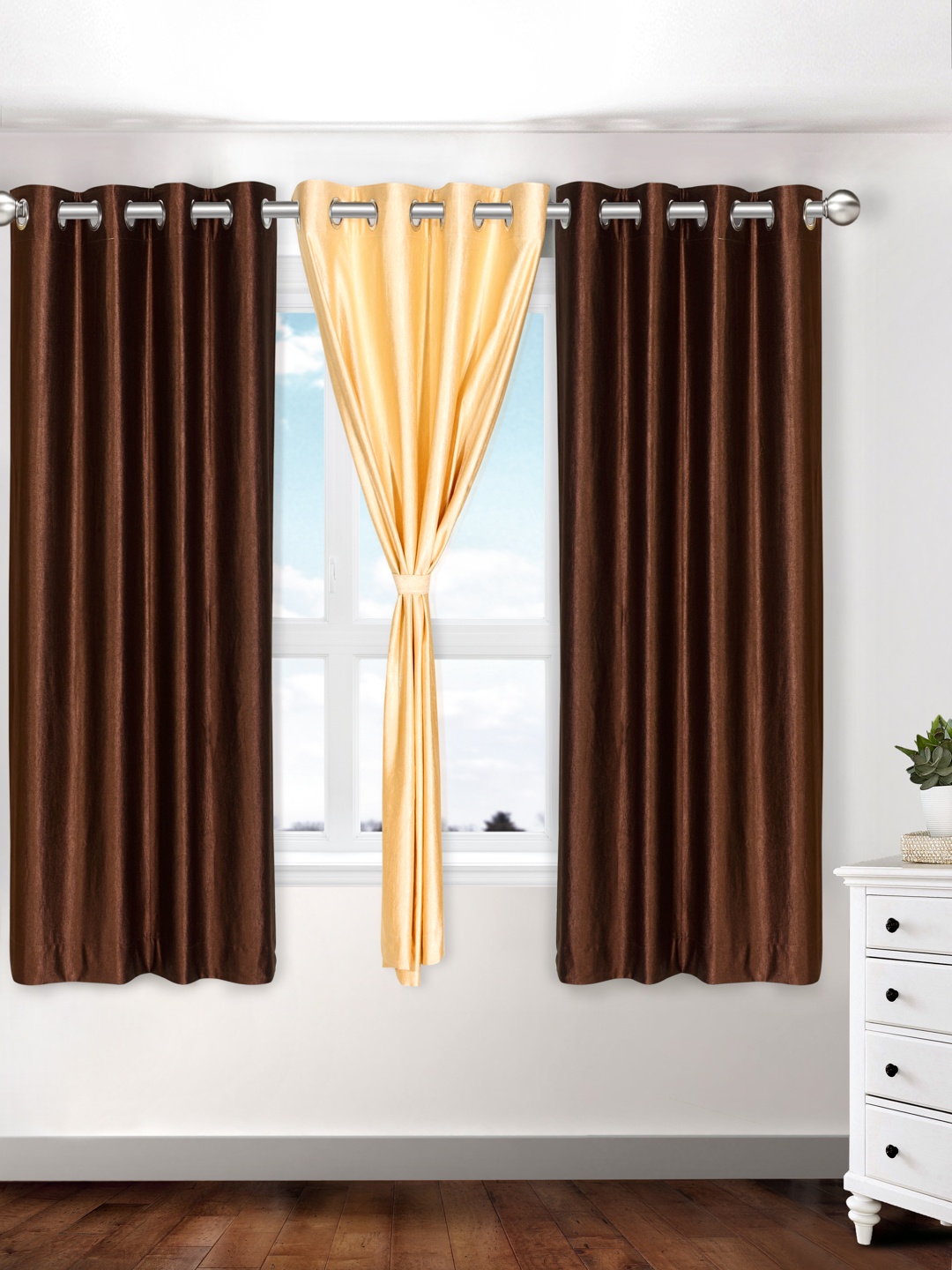 

Cortina Set of 3 Plain Window Curtains, Brown