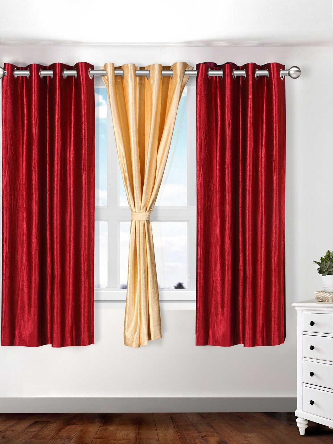 Cortina Maroon & Beige Set of 3 Solid Window Curtains