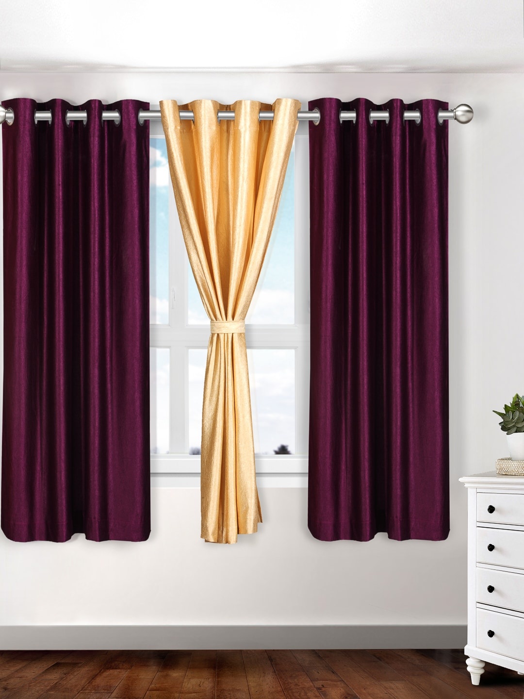 Cortina Set of 3 Plain Window Curtains, Burgundy