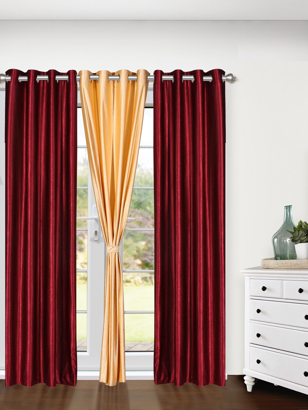 Cortina Set of 3 Plain Door Curtains, Maroon