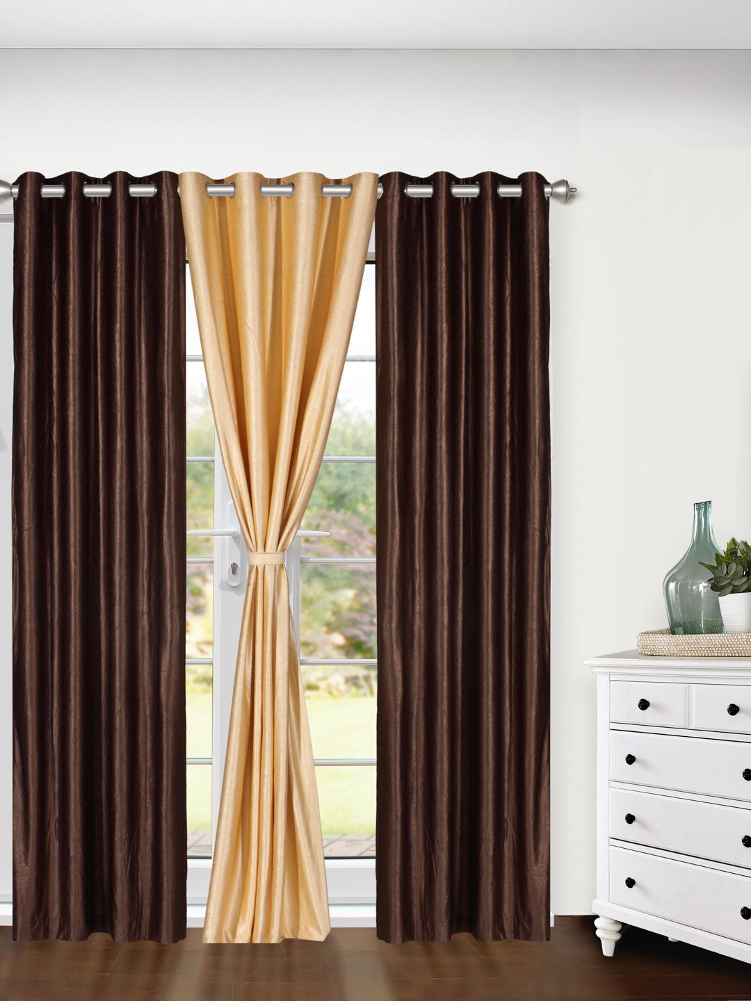 

Cortina Brown & Beige Set of 3 Solid Long Door Curtains