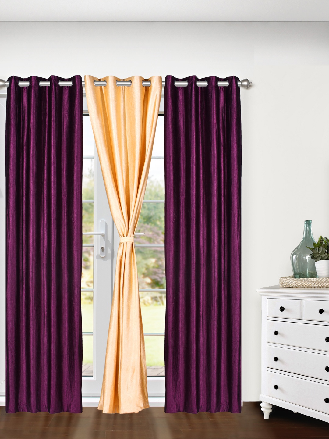 Cortina Set of 3 Plain Long Door Curtains, Burgundy