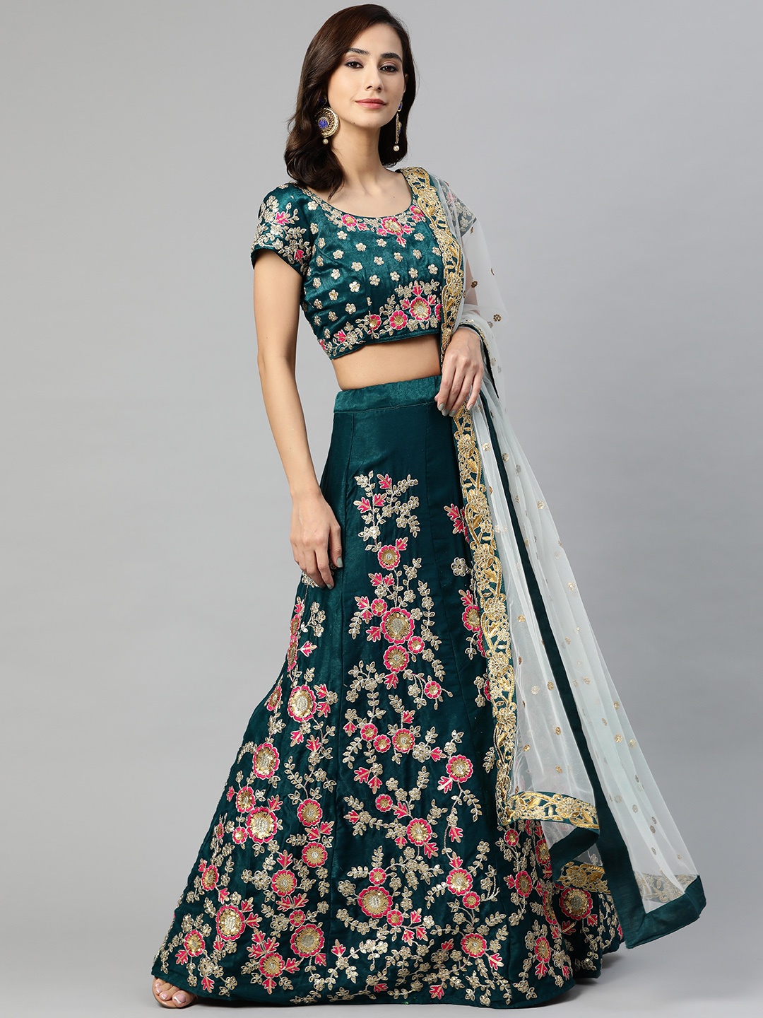 

SHUBHVASTRA Green & Pink Semi-Stitched Lehenga & Unstitched Blouse With Dupatta