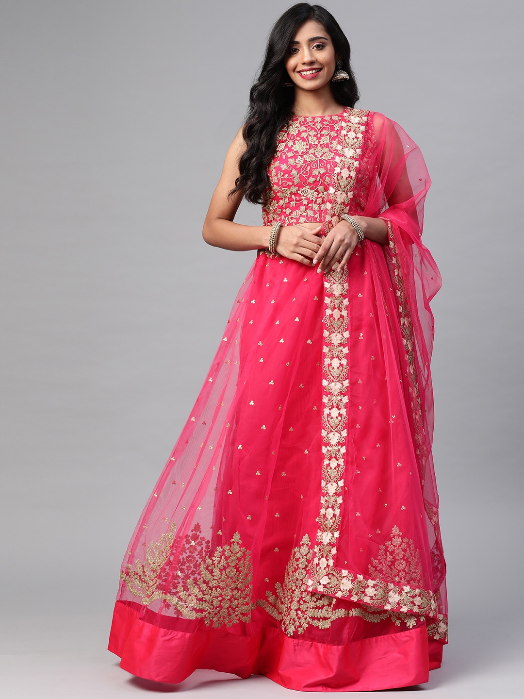 

SHUBHVASTRA Pink & Gold-Toned Embroidered Thread Work Semi-Stitched Lehenga & Unstitched Blouse With Dupatta