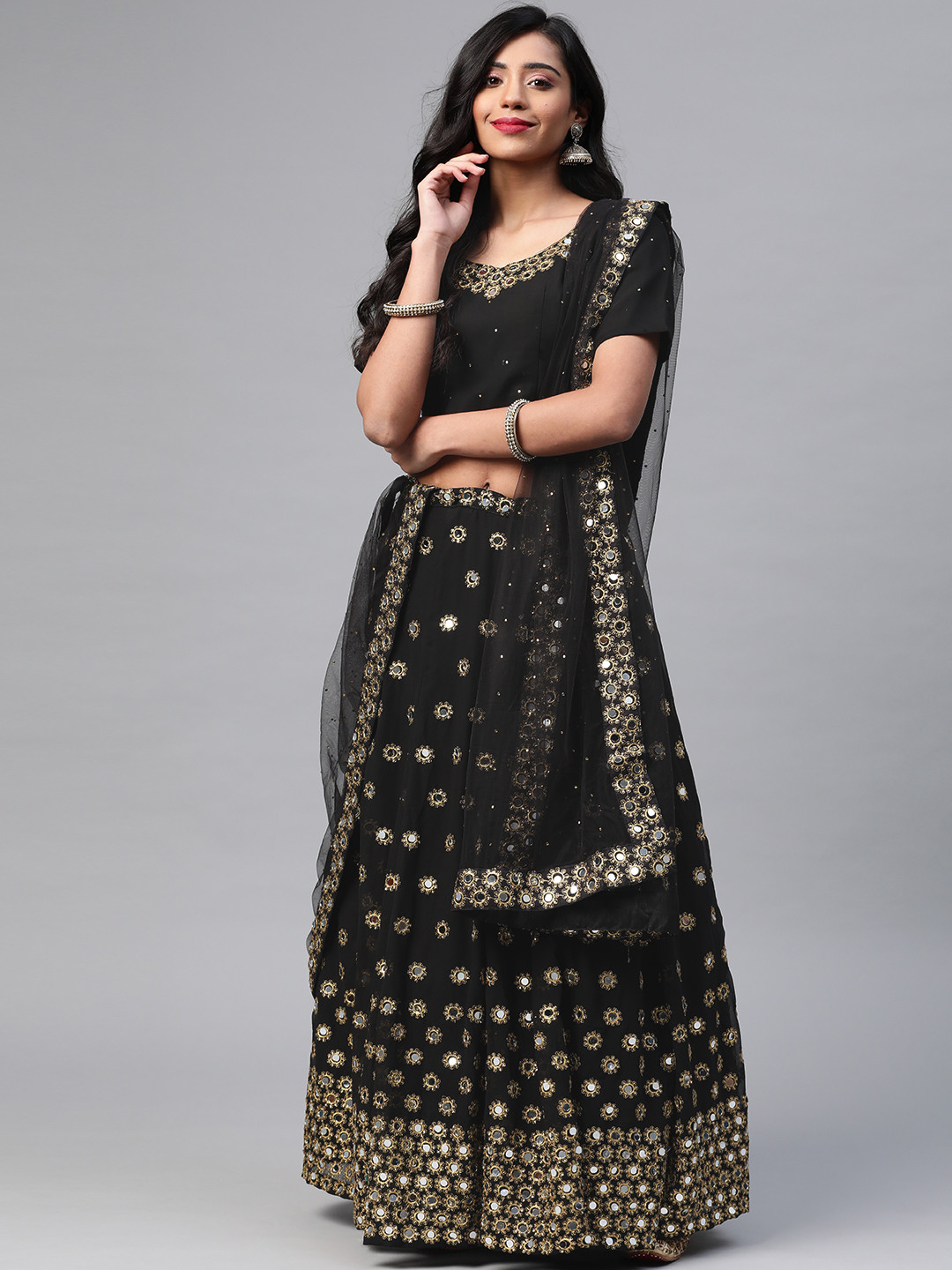 

SHUBHVASTRA Black & Golden Embellished Semi-Stitched Lehenga & Blouse With Dupatta