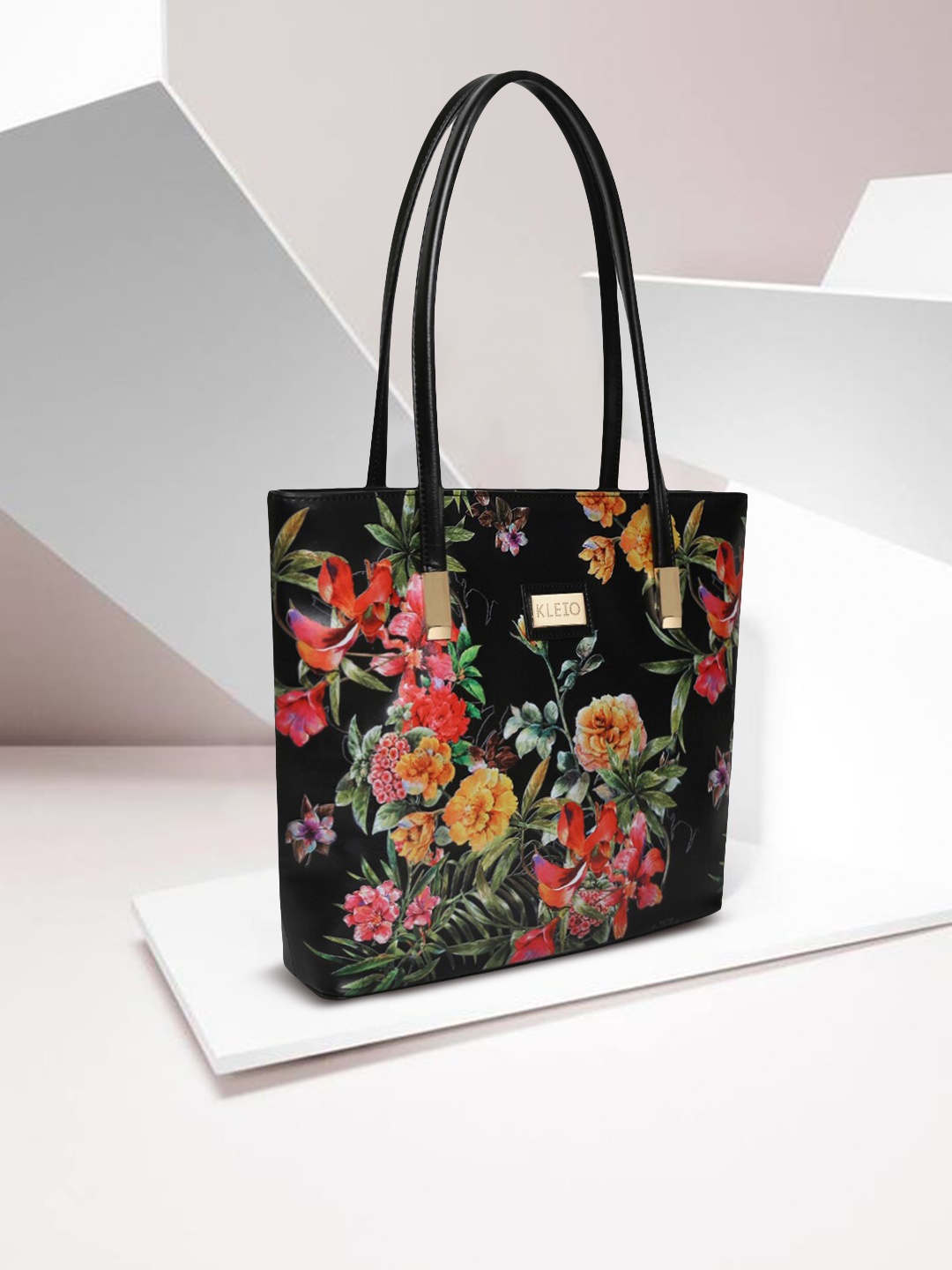 KLEIO Floral Printed Shoulder Tote Bag, Black