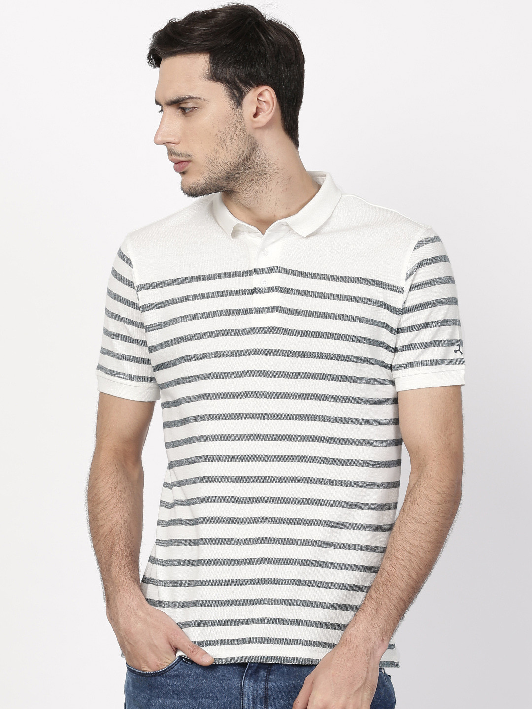 

ether Men Off-White Striped Polo Collar T-Shirt