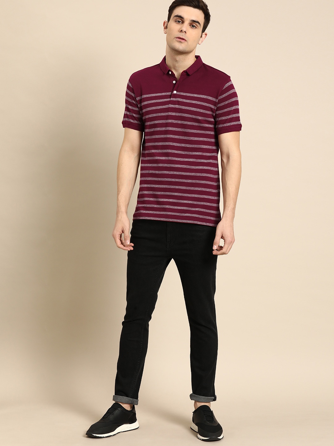 

ether Men Maroon Grey Striped Polo Collar Pure Cotton T-shirt
