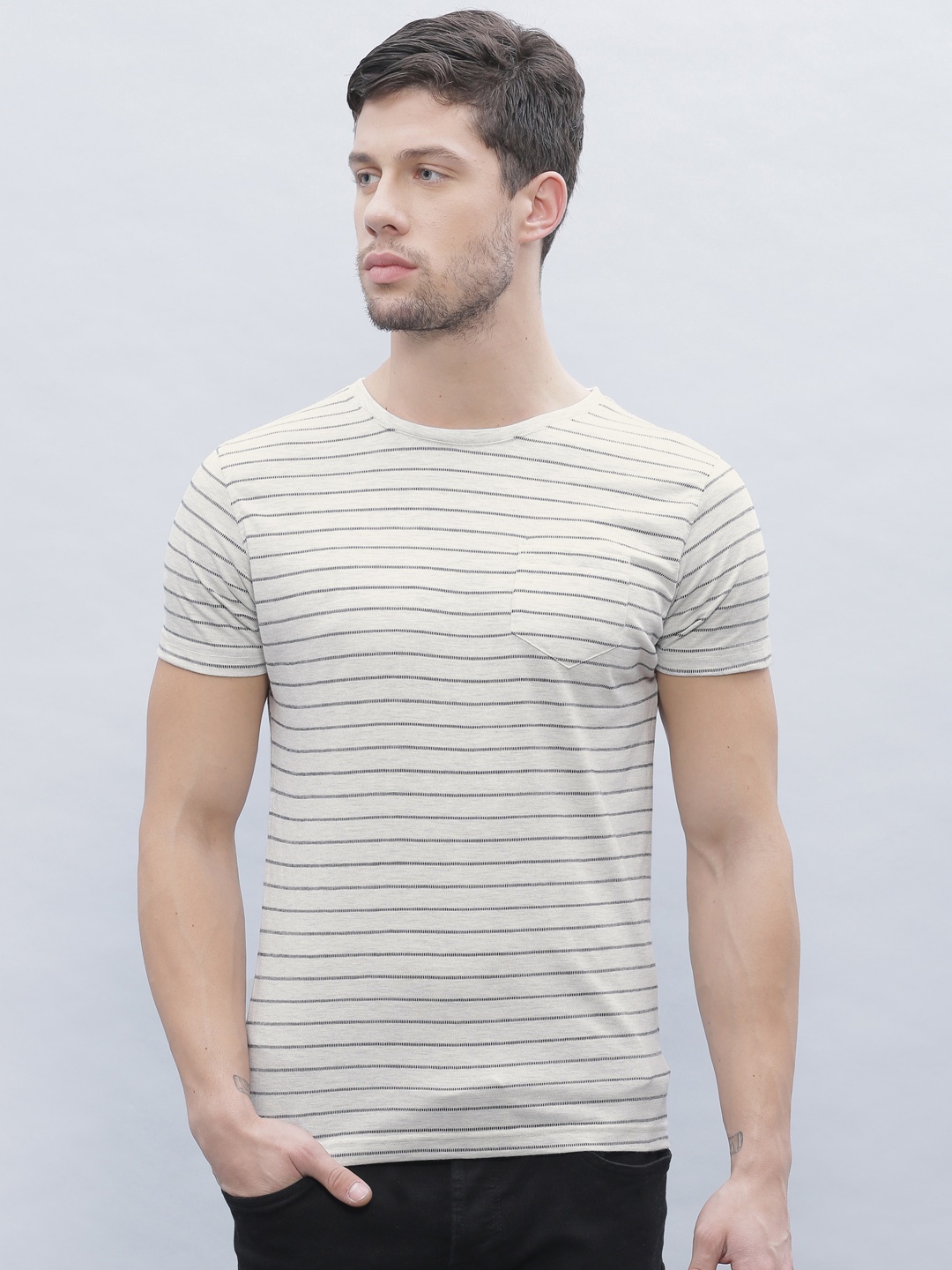 

ether Grey Melange Striped Round Neck T-shirt