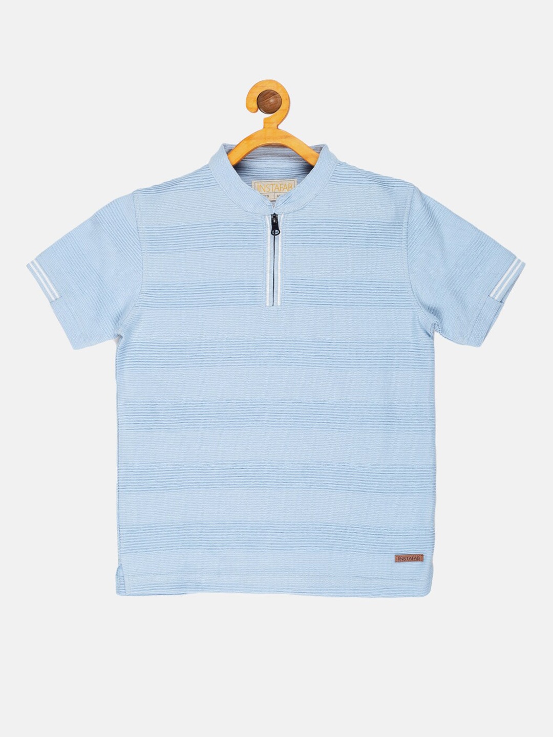 

Instafab Boys Blue Striped Mandarin Collar Cotton T-shirt