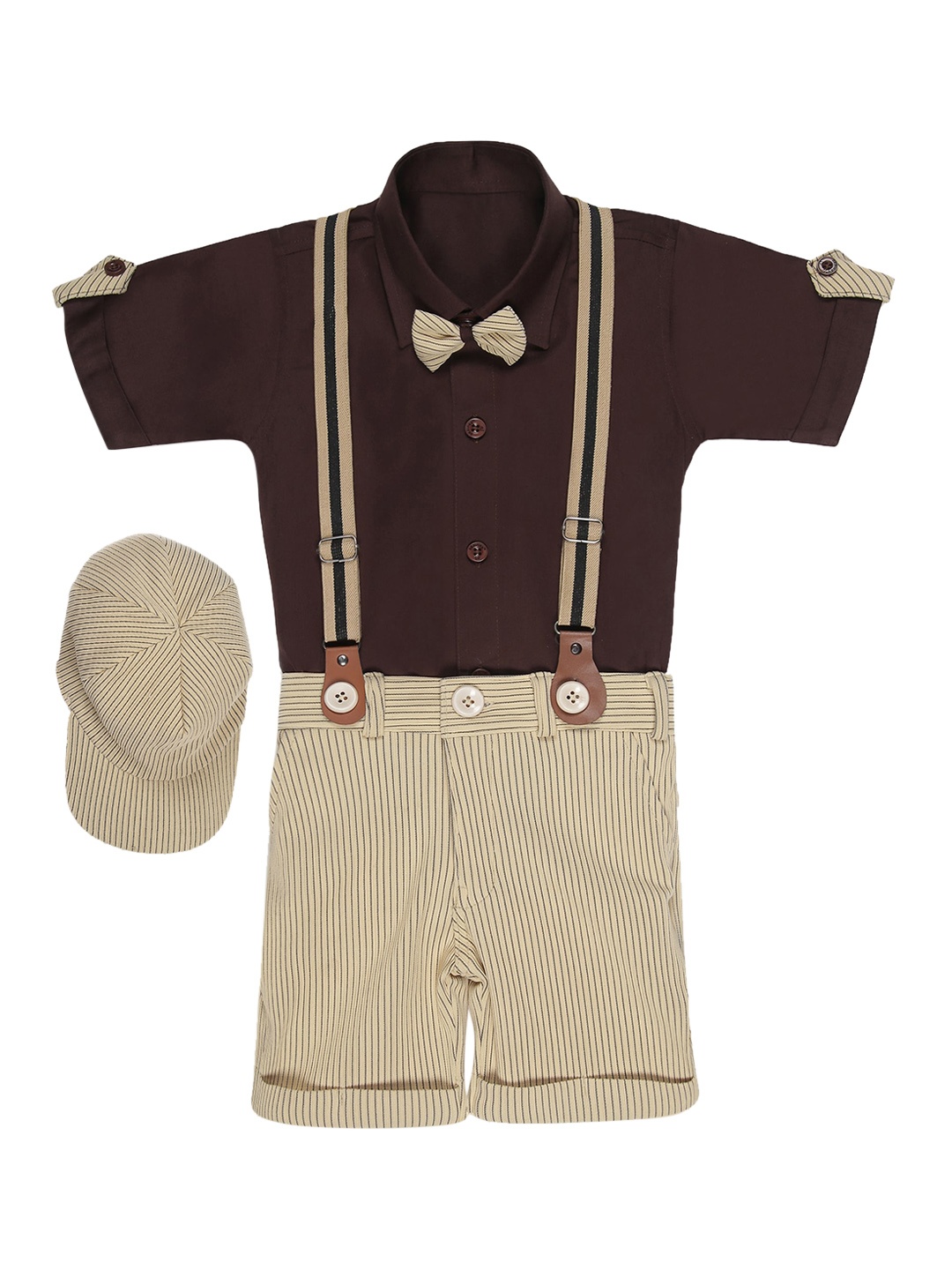 

Aj DEZInES Boys Striped Shirt with Shorts Cap & Suspenders Clothing Set, Brown