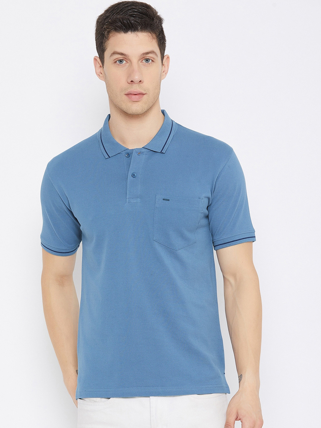 

Okane Men Blue Polo Collar T-shirt