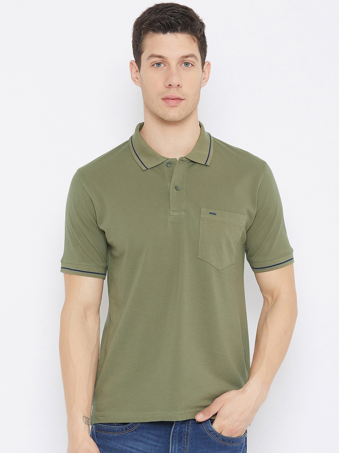 

Okane Men Olive Green Polo Collar T-shirt