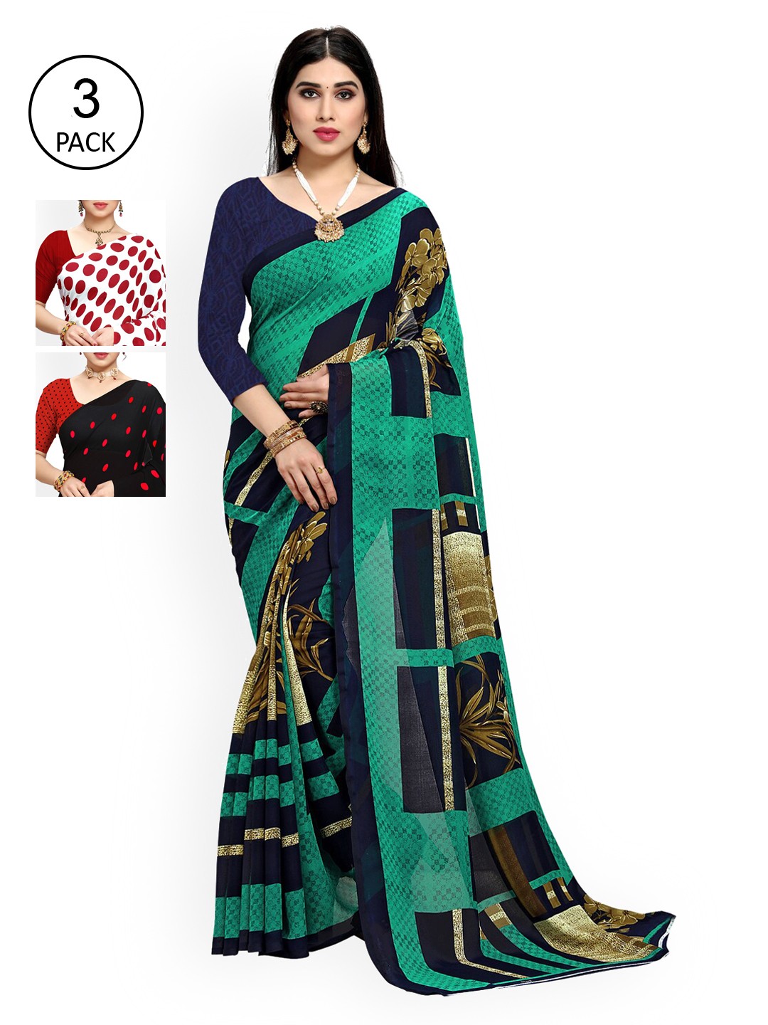 

KALINI Pack Of 3 Poly Georgette Sarees, Green