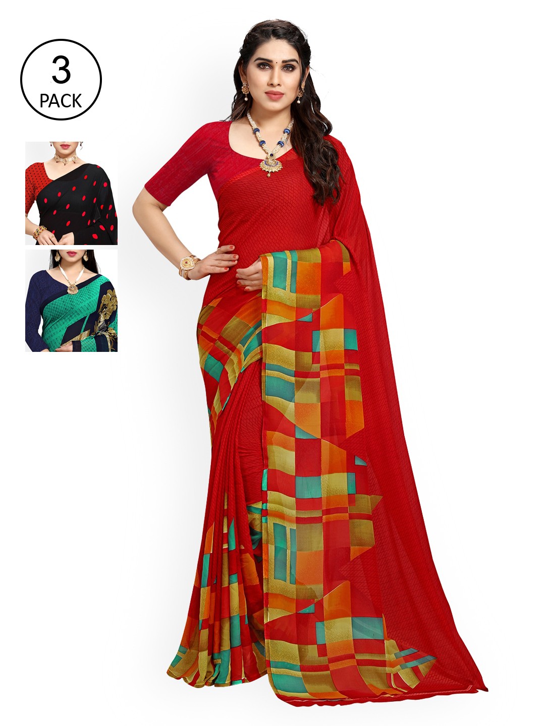 

KALINI Pack of 3 Red & Black Saree