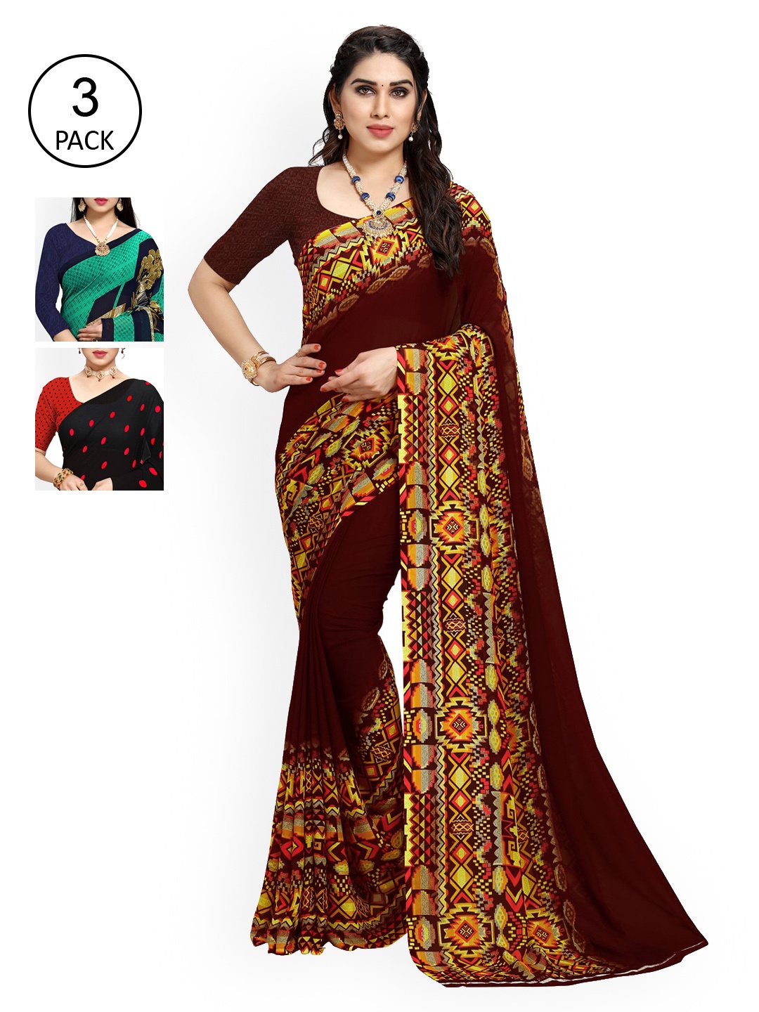 

KALINI Women Pack of 3 Printed Poly Georgette Sarees, Sea green