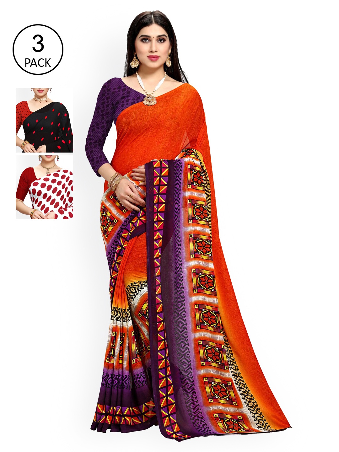 

KALINI Red & White Pack of 3 Printed Saree