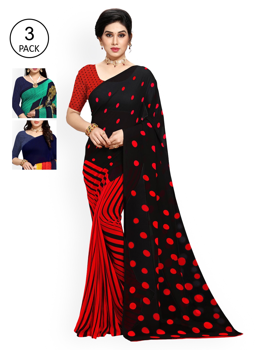 

KALINI Women Pack of 3 Printed Poly Georgette Sarees, Red