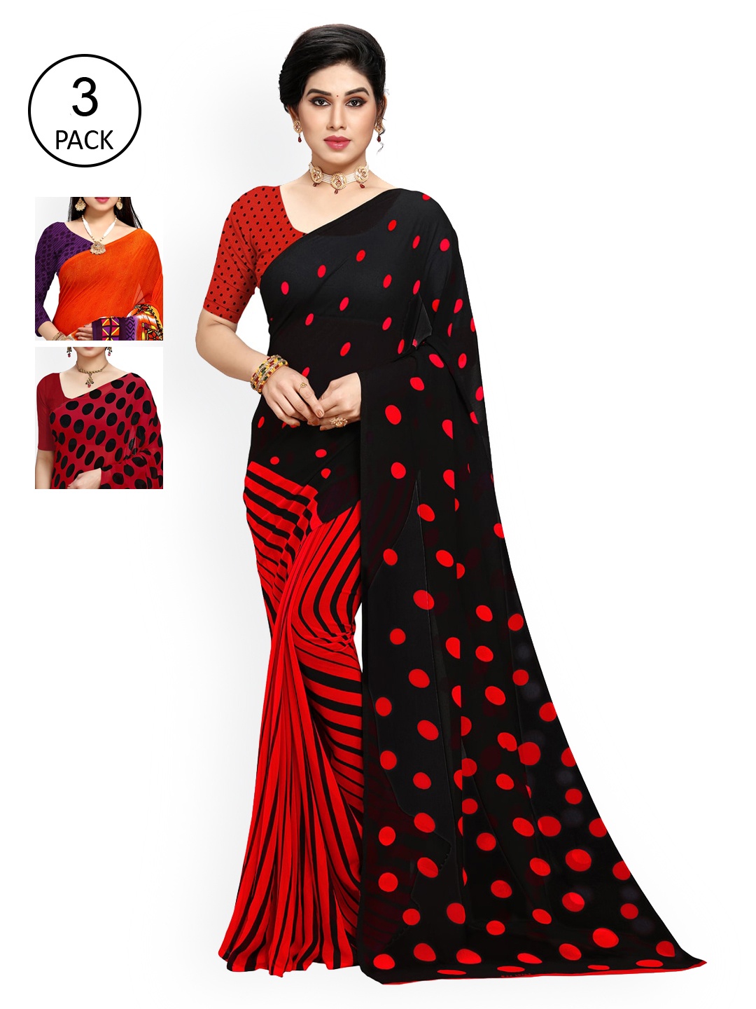 

KALINI Pack of 3 Poly Georgette Sarees, Black