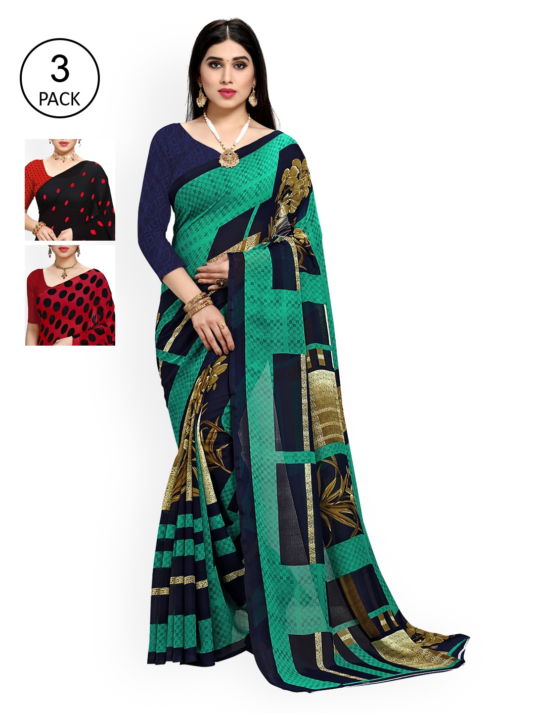 

KALINI Pack Of 3 Multicoloured Poly Georgette Sarees, Multi