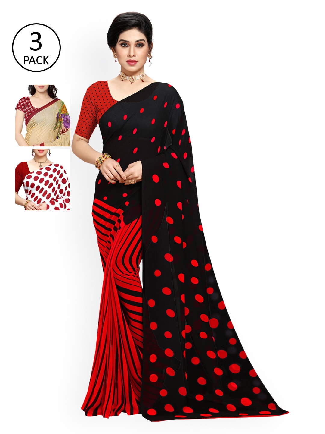 

KALINI Black & Red Pack of 3 Printed Saree