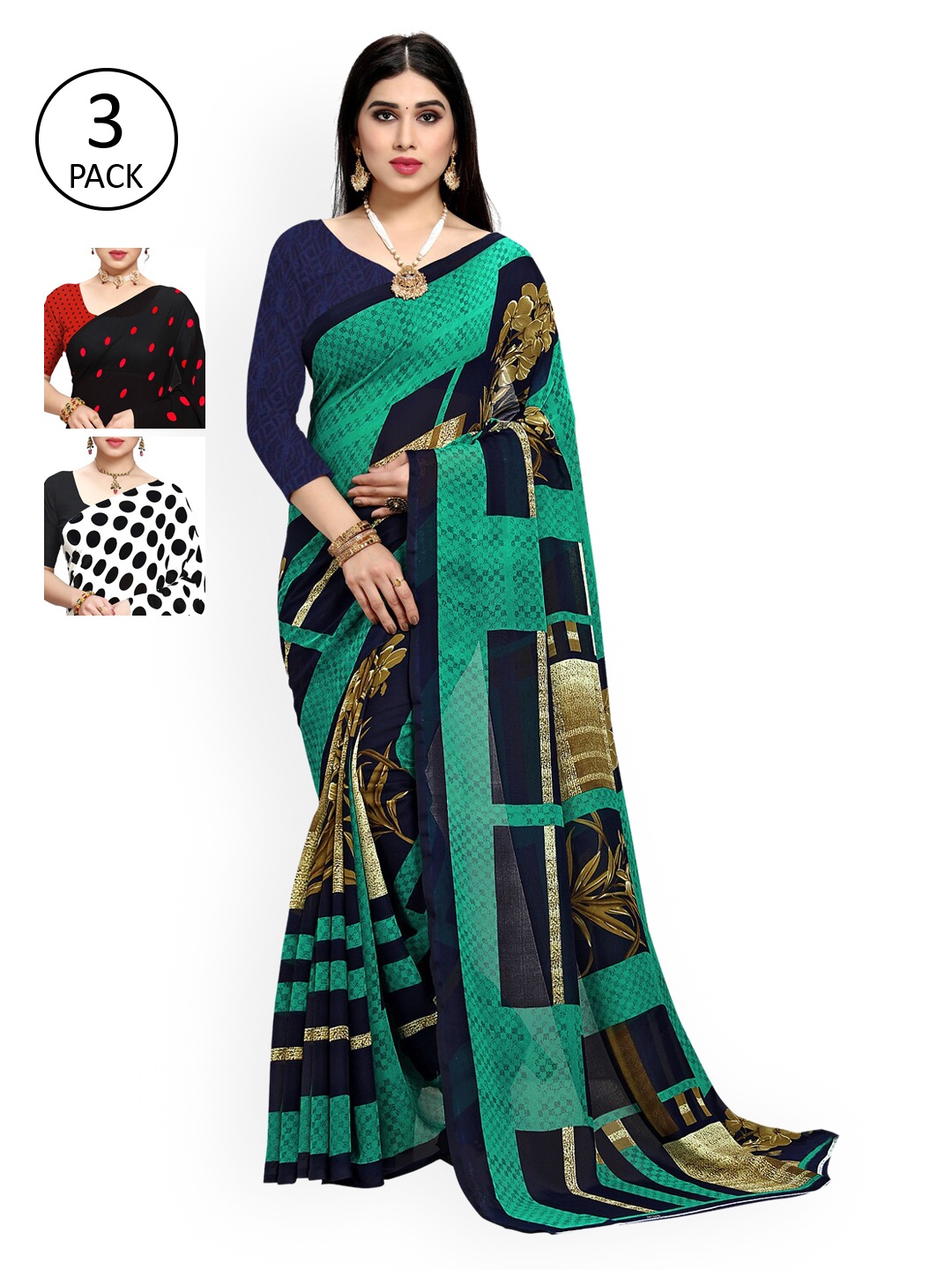 

KALINI Pack Of 3 Printed Sarees, Black
