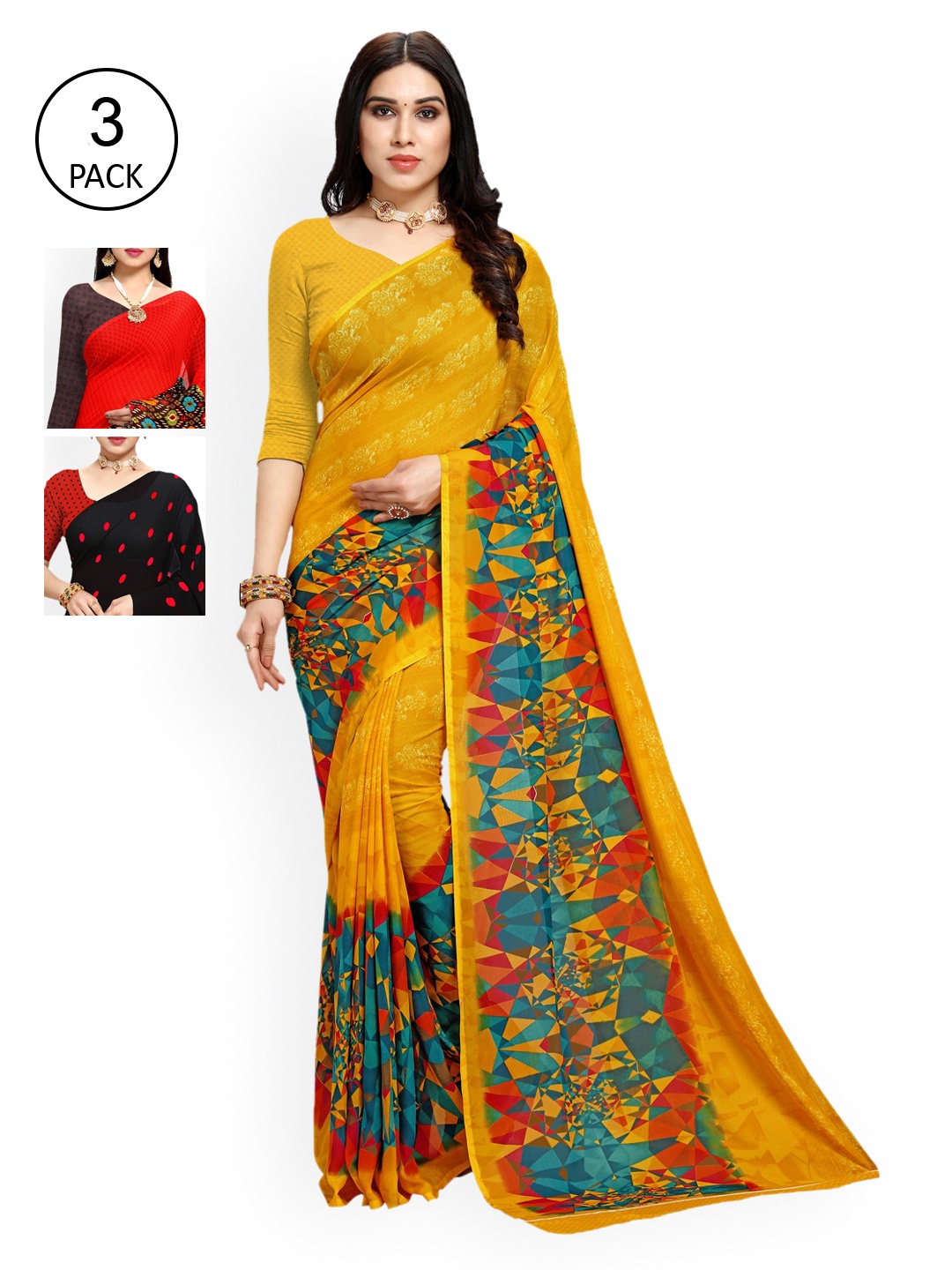 

KALINI Women Pack of 3 Printed Poly Georgette Sarees, Yellow