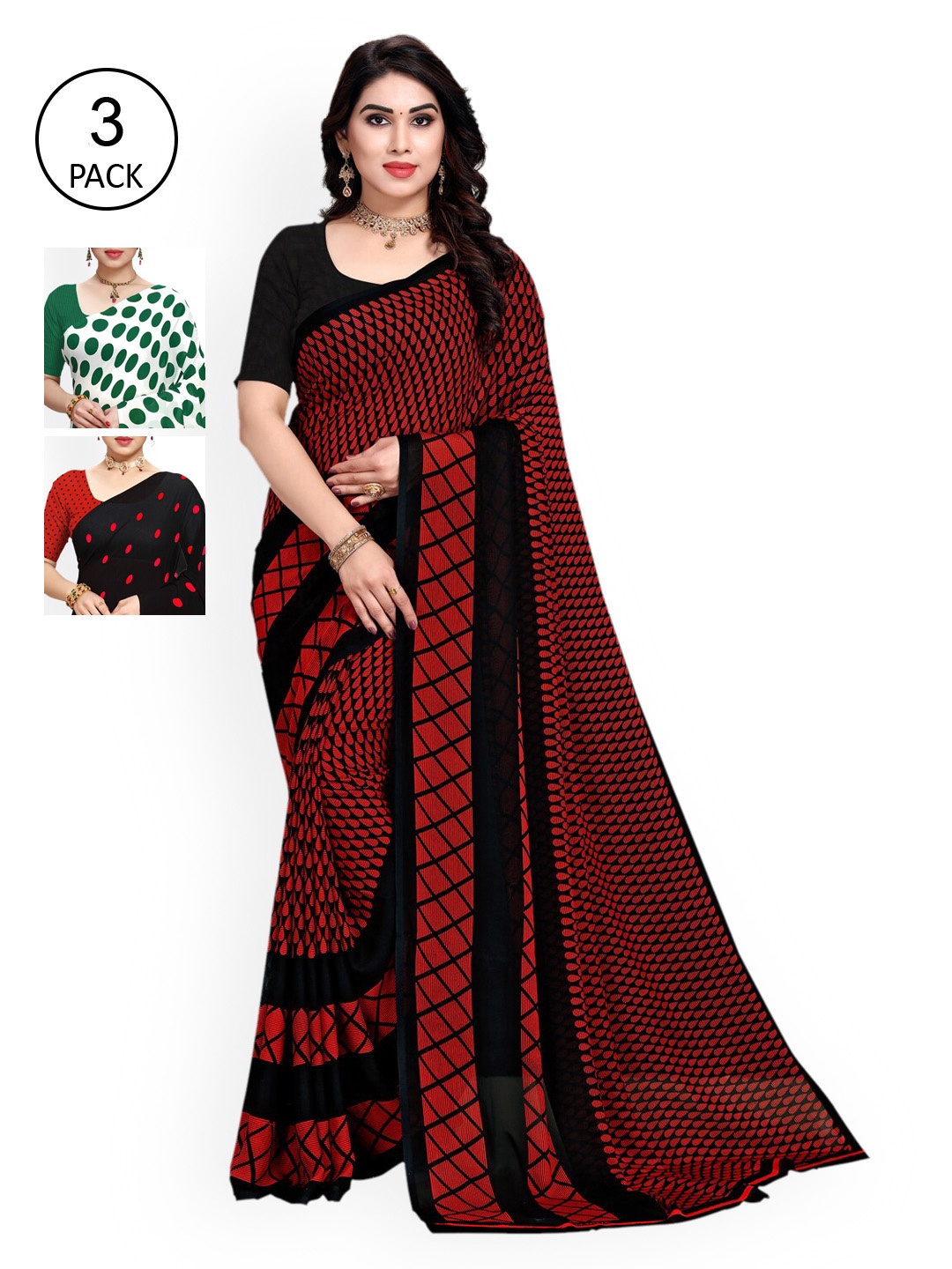 

KALINI Pack of 3 Poly Georgette Sarees, Red
