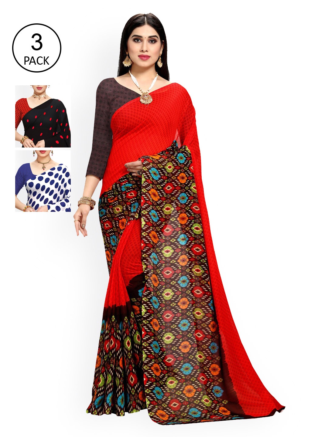 

KALINI Multi Pack of 3 Printed Poly Georgette Saree