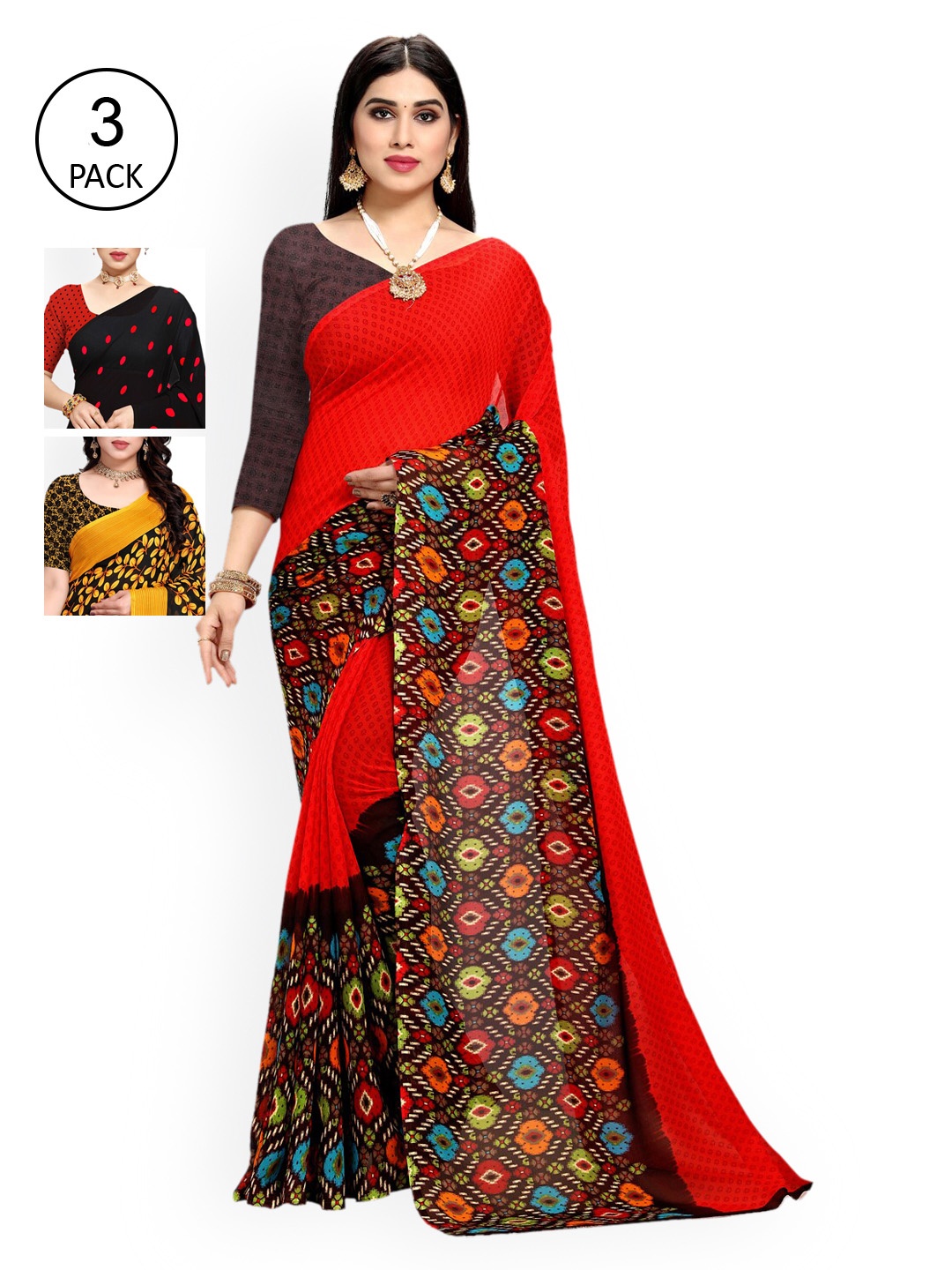 

KALINI Pack Of 3 Poly Georgette Sarees, Yellow