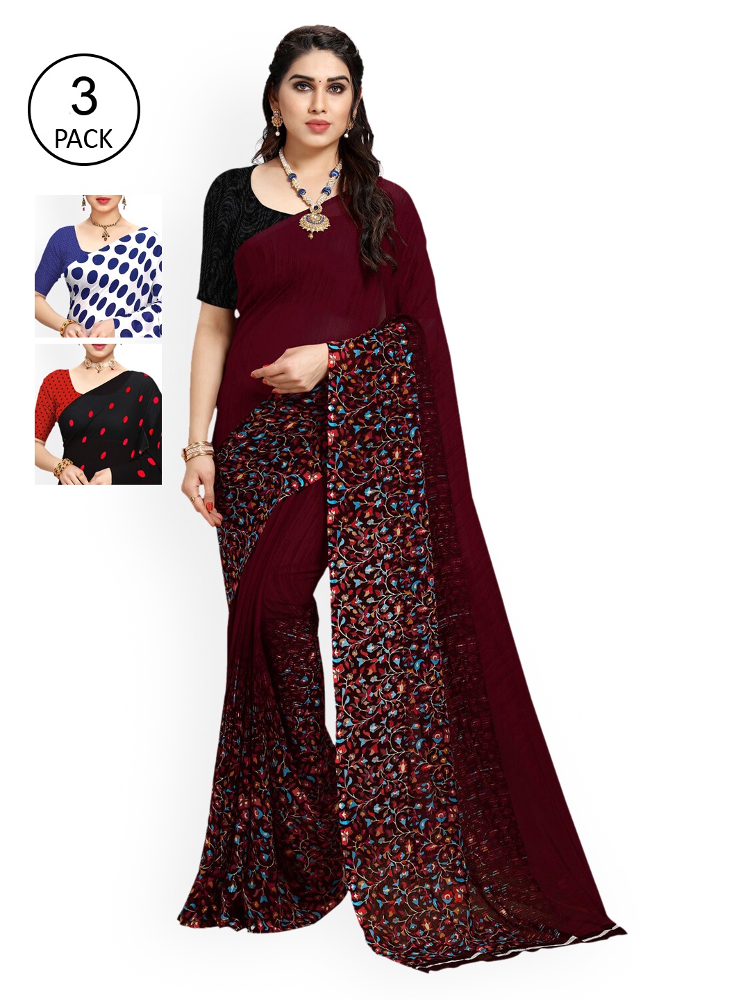 

KALINI Pack of 3 Blue & Red Saree