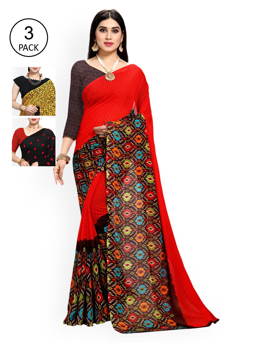 

KALINI Multicoloured Set of 3 Poly Georgette Saree, Multi