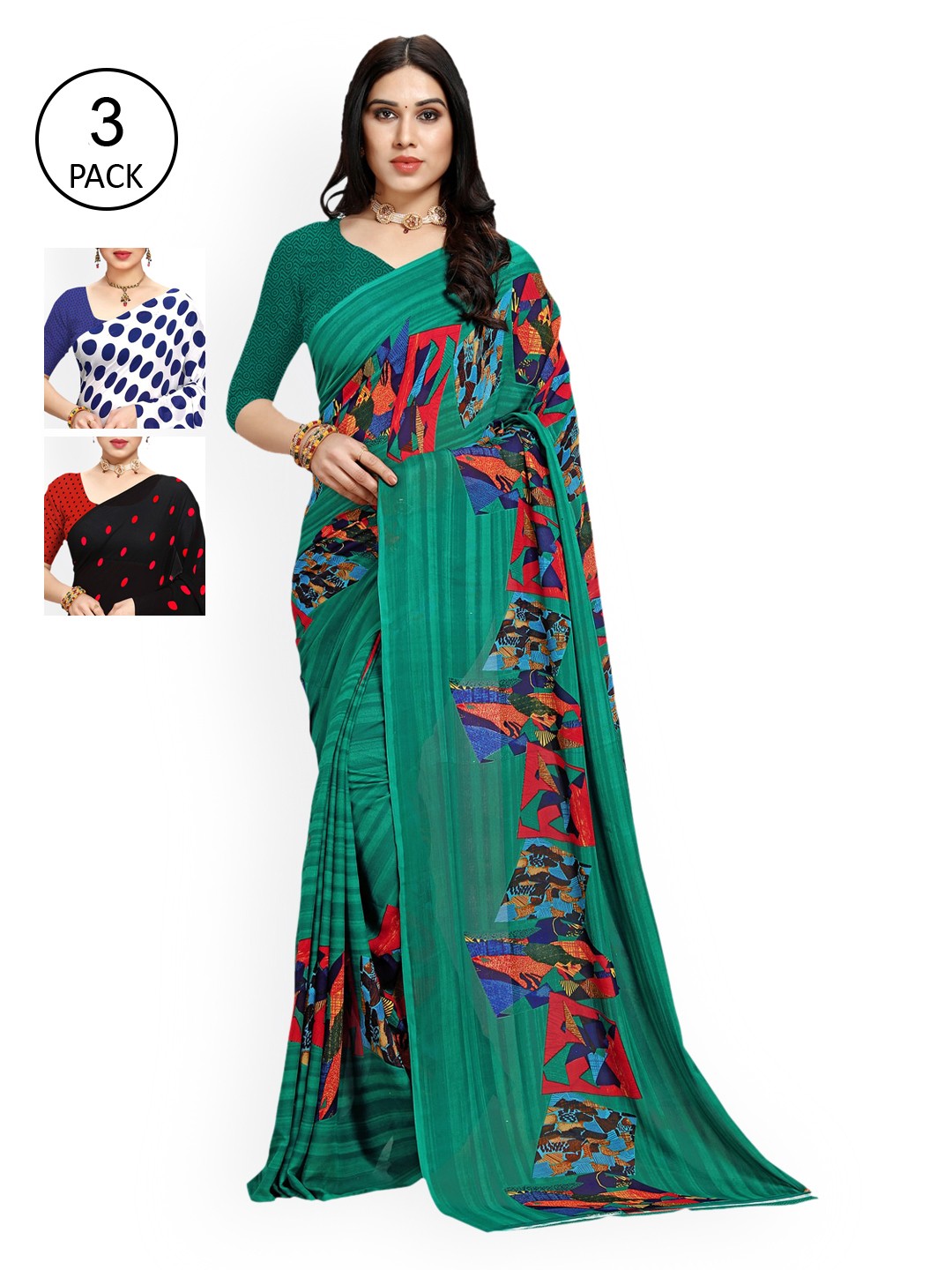 

KALINI Pack of 3 Poly Georgette Sarees, Green