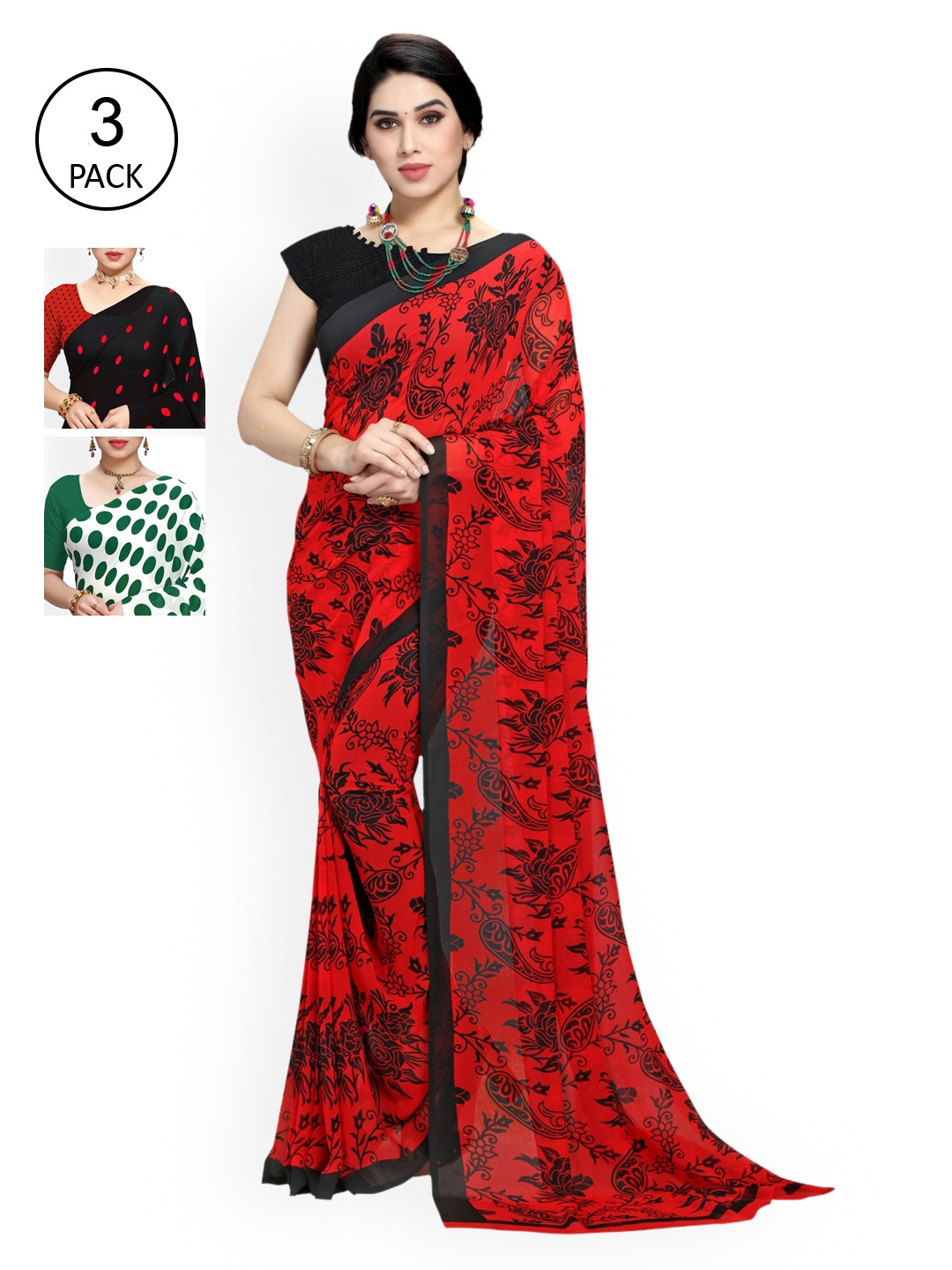 

KALINI White & Red Pack of 3 Saree