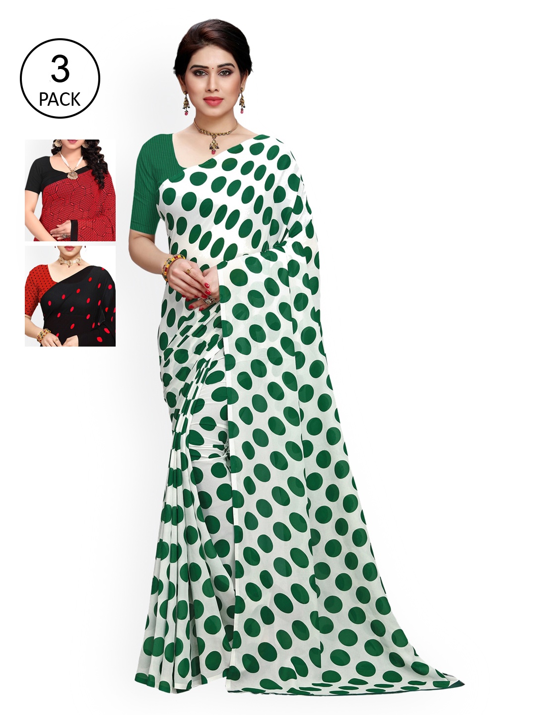 

KALINI Green & Red Pack of 3 Printed Saree