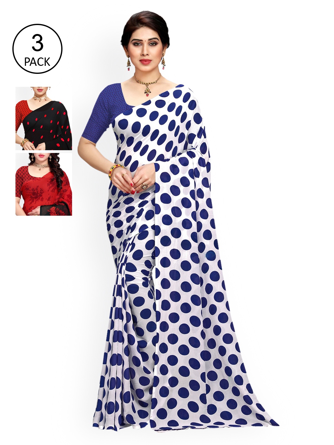

KALINI Pack Of 3 Printed Sarees, Red