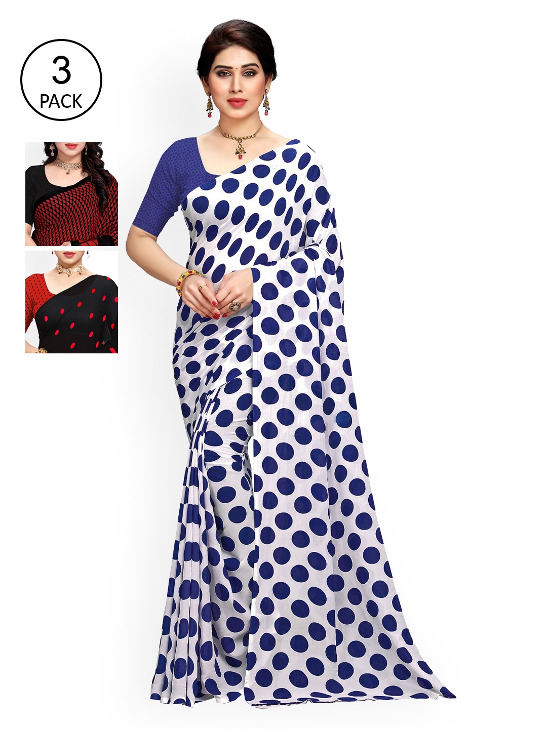 

KALINI Pack of 3 Red & Blue Saree