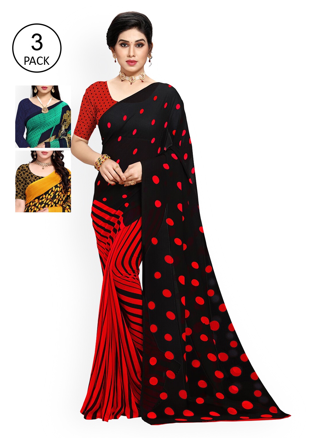 

KALINI Women Pack of 3 Printed Poly Georgette Sarees, Sea green