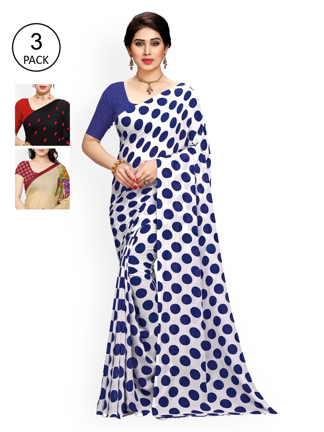

KALINI Pack of 3 Poly Georgette Sarees, Black