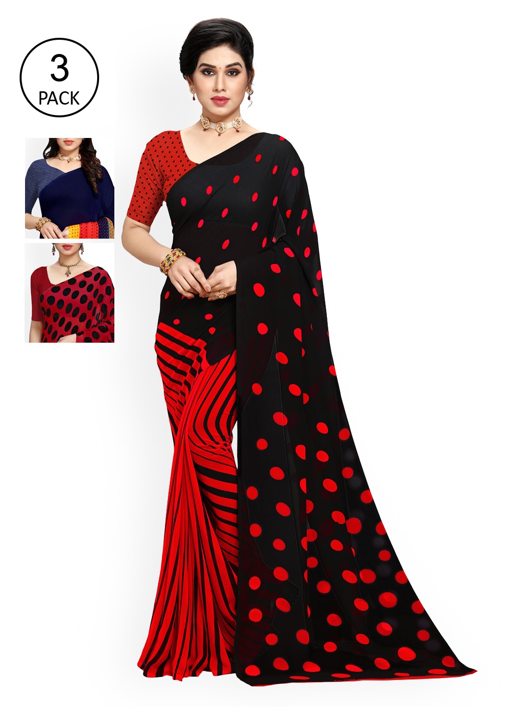 

KALINI Pack of 3 Black & Navy Blue Saree