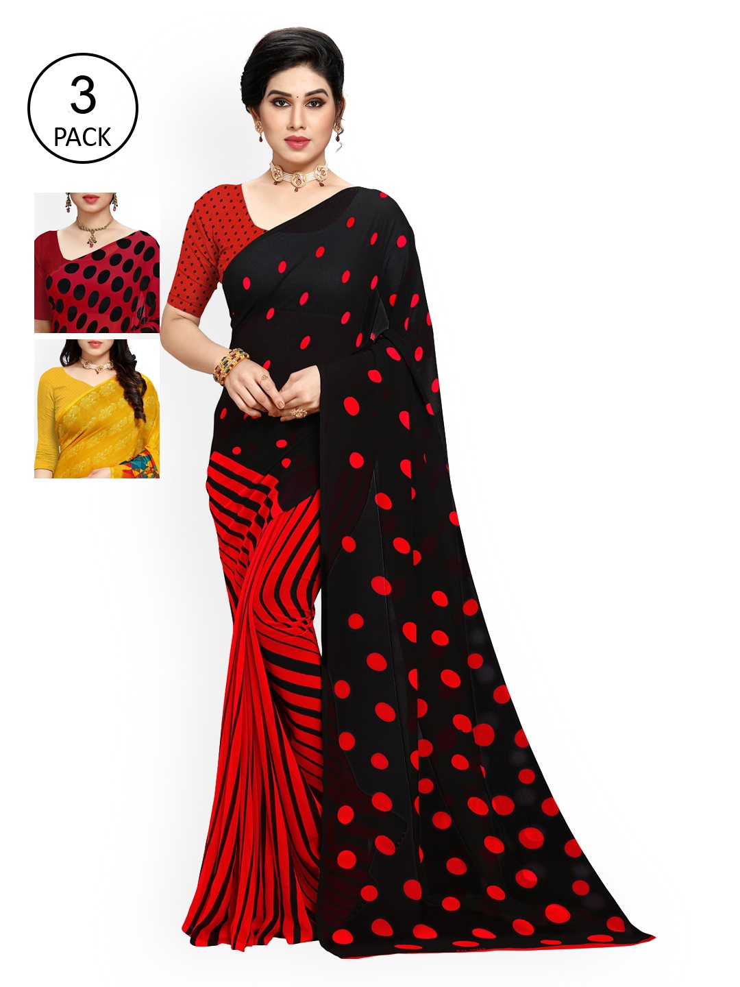 

KALINI Women Pack of 3 Printed Poly Georgette Sarees, Black