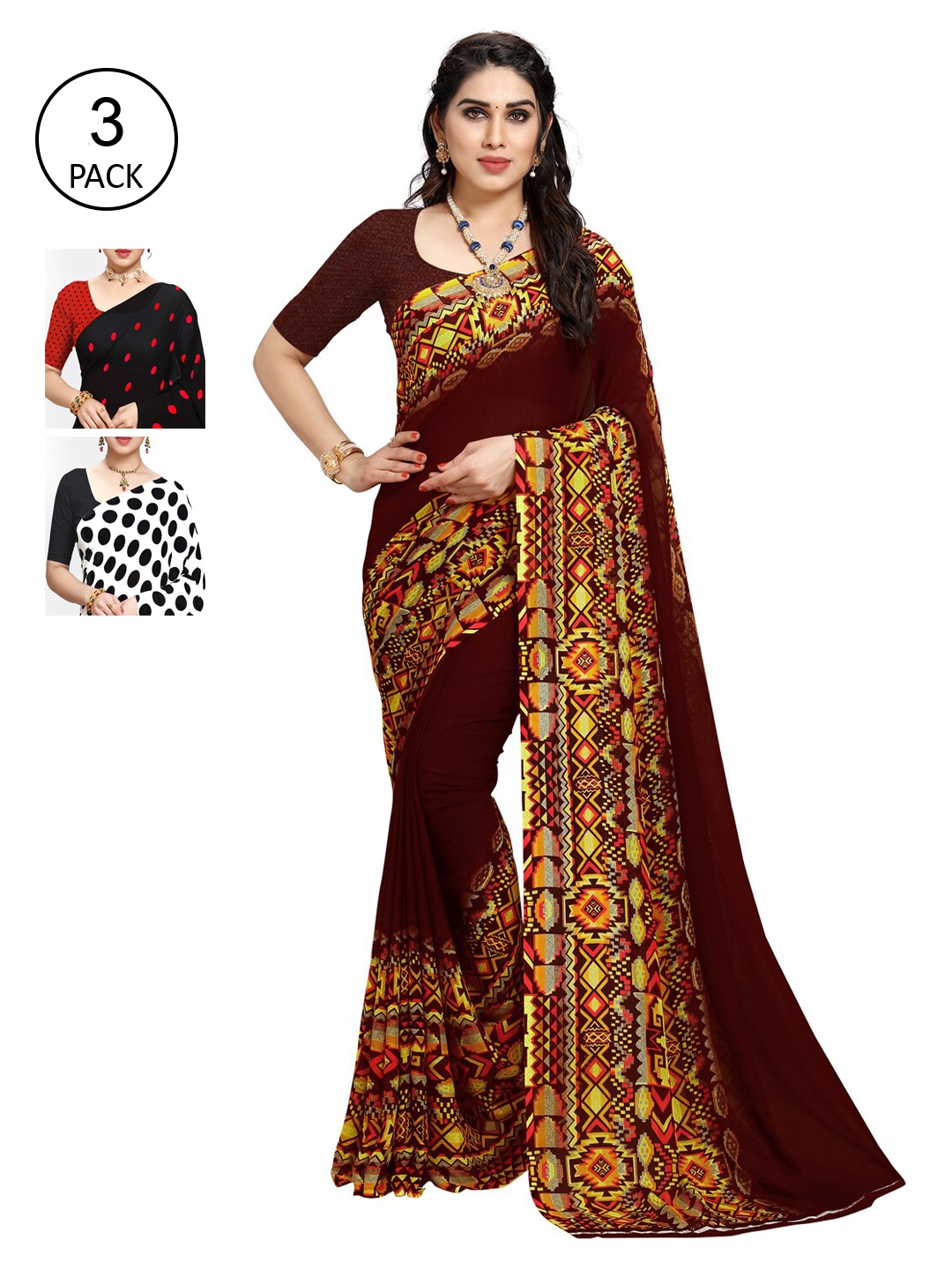 

KALINI Pack of 3 Red & Maroon Saree