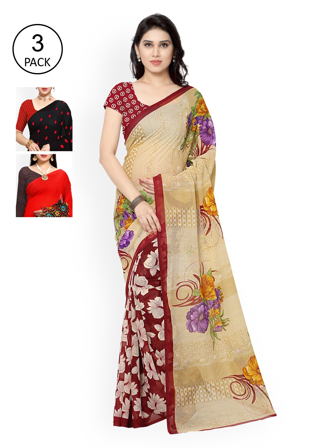 

KALINI Multicoloured Set of 3 Poly Georgette Saree, Multi
