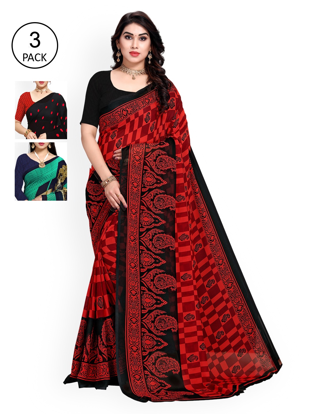 

KALINI Pack of 3 Poly Georgette Sarees, Teal