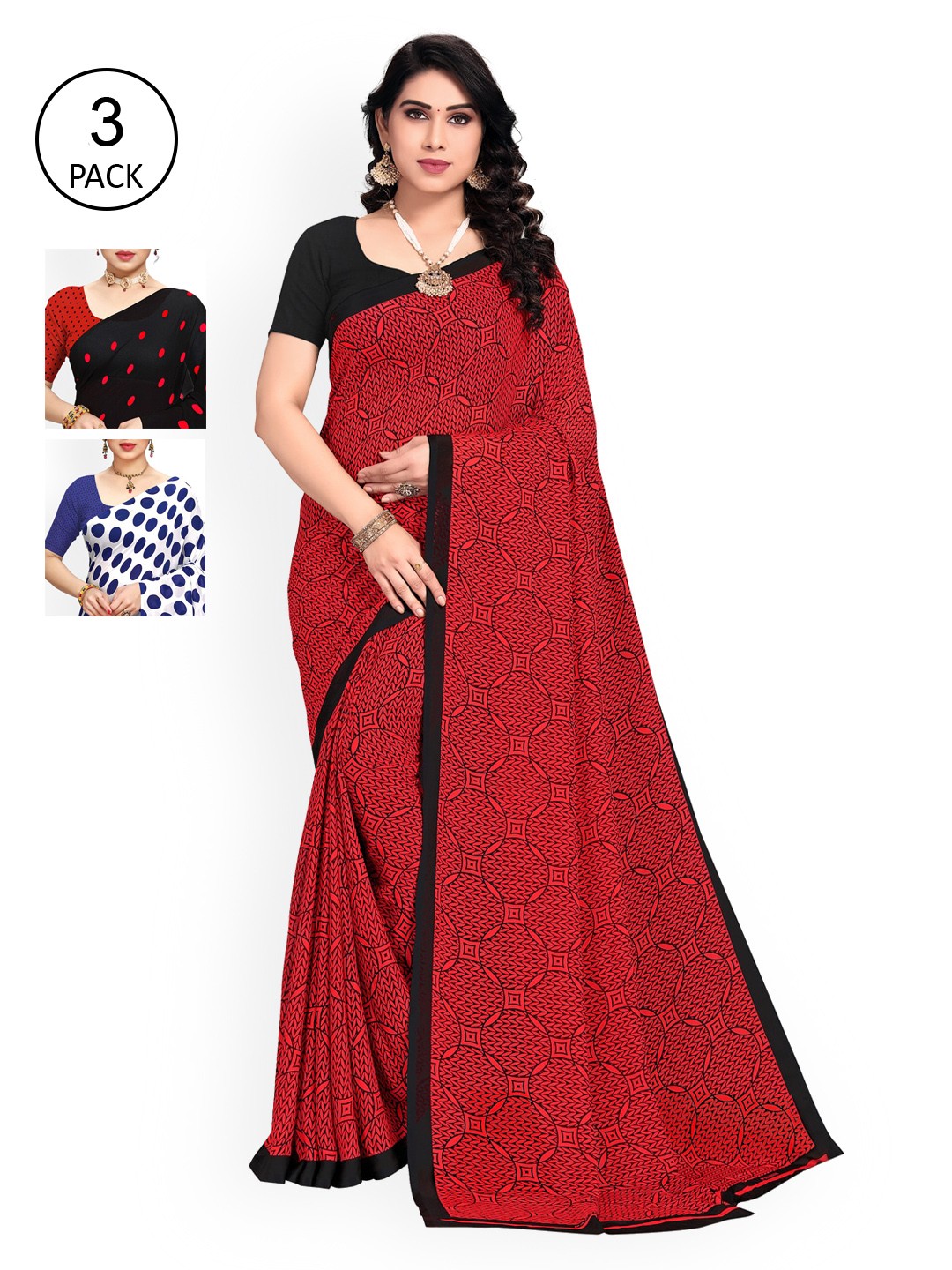 

KALINI Red & Blue Pack of 3 Printed Saree